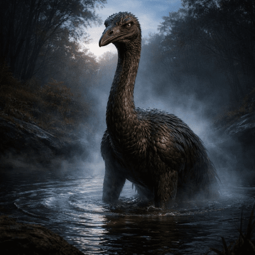 Gowargay from Murri mythology, a colossal featherless emu-like ancestral spirit emerging from a dark Australian waterhole at twilight