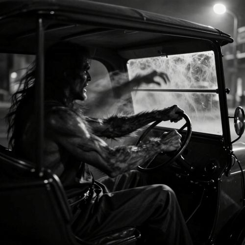a vintage early-20th-century motor vehicle, a driver grips the steering wheel in panic as the large hairy hands of Dartmoor overpowering his own.