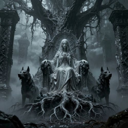 Helheim beneath the roots of Yggdrasil, icy mist swirling through a vast shadowed underworld,
