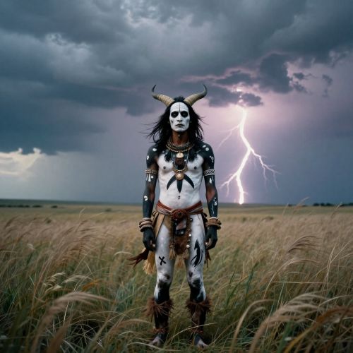a Heyoka sacred clown standing beneath a storm-filled sky
