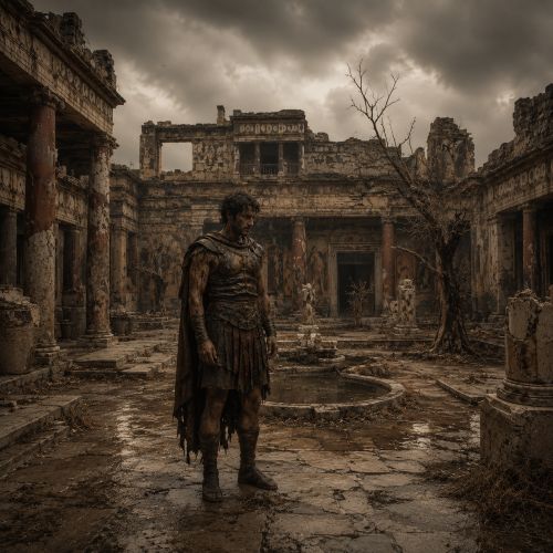 House of Atreus, ancient Mycenaean palace drenched in shadow, fractured marble halls stained with blood and torchlight