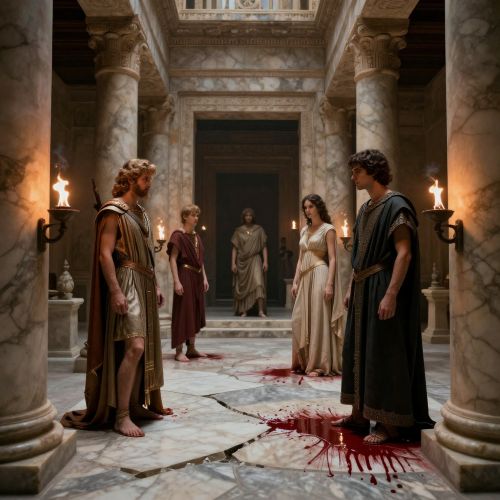 e House of Atreus, ancient Mycenaean palace drenched in shadow, fractured marble halls stained with blood and torchlight