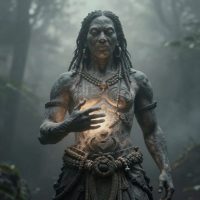 Io Matua Kore as a humanoid cosmic being, tall and serene, with indistinct yet powerful facial features, eyes glowing softly like distant stars.