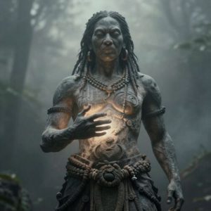 Io Matua Kore as a humanoid cosmic being, tall and serene, with indistinct yet powerful facial features, eyes glowing softly like distant stars.