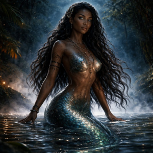 Jengu water spirit emerging from a moonlit Cameroonian river
