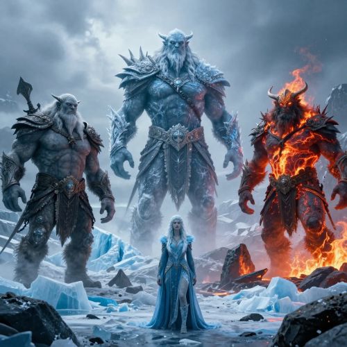 Jötnar from Norse tradition, set in the wild expanse of Jötunheimr.