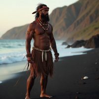 Kane Milohai as a grounded Hawaiian deity, masculine and calm, standing barefoot on ancient volcanic rock at dawn.