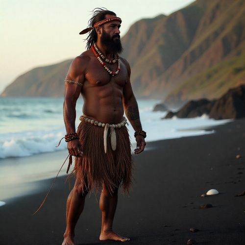 Kane Milohai as a grounded Hawaiian deity, masculine and calm, standing barefoot on ancient volcanic rock at dawn.