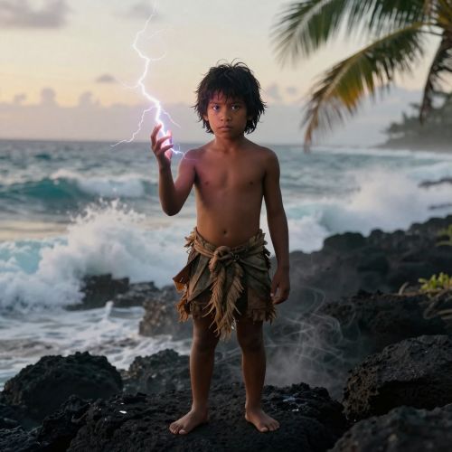 Kaulu, the Hawaiian kupua trickster demigod, shown as a youthful boy with an unassuming appearance that subtly conceals immense supernatural power.