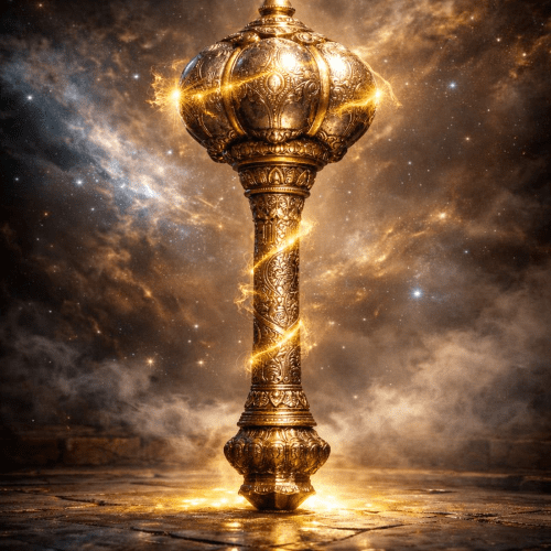 Kaumodaki, the divine mace of Vishnu, resting upright on a luminous stone floor.