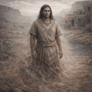 Kiaklo from Zuni tradition, shown as a weary yet dignified spiritual figure standing near a sacred desert lake at dawn