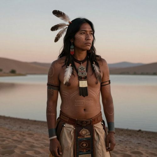 Kiaklo from Zuni tradition, shown as a weary yet dignified spiritual figure standing near a sacred desert lake at dawn