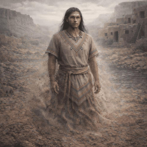 Kiaklo from Zuni tradition, shown as a weary yet dignified spiritual figure standing near a sacred desert lake at dawn