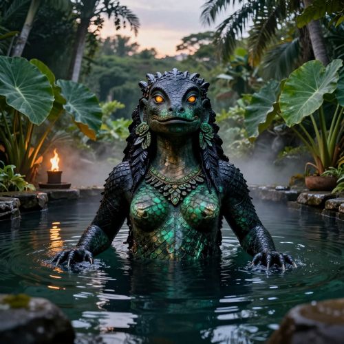 Kihawahine, the Hawaiian moʻo goddess, emerging from a sacred freshwater fishpond at dusk.