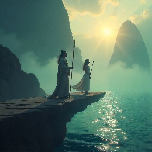 Kojiki, depicting the mythic dawn of Japan. Izanagi and Izanami stand upon a floating celestial bridge, their divine spear stirring the cosmic ocean