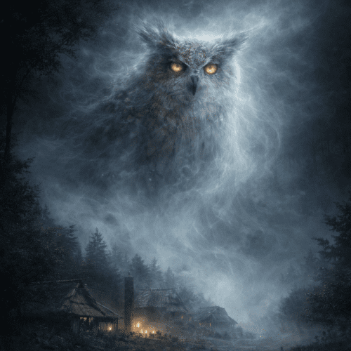 Kotan-kor-kamuy manifested as a colossal Blakiston’s fish owl