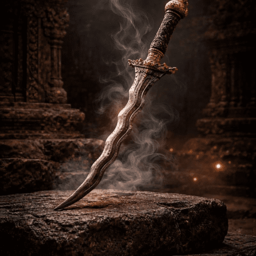 the legendary Kris Setan Kober resting on dark volcanic stone,