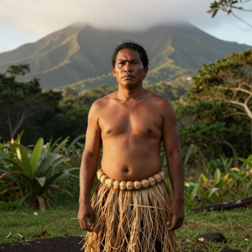 Kumuhonua, the first man from Hawaiian sacred tradition, portrayed as a realistic Polynesian male standing barefoot on volcanic soil.