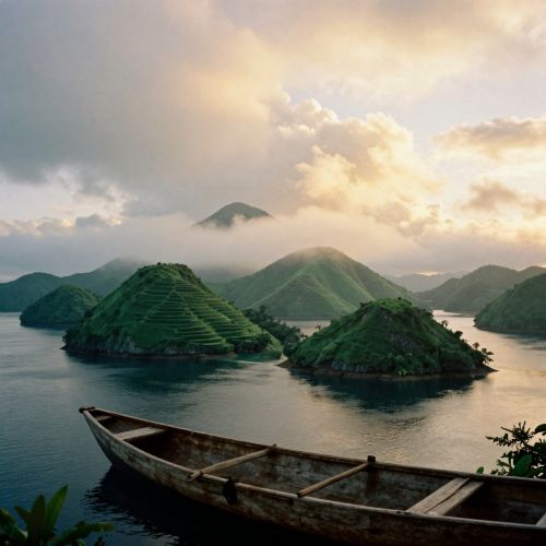 Lake Bunyonyi, Uganda, showing misty emerald islands rising from calm deep waters,