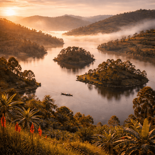 Lake Bunyonyi, Uganda, showing misty emerald islands rising from calm deep waters,