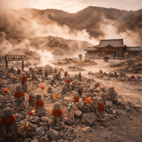 landscape of Mount Osore, Japan. Volcanic grey terrain with sulfur steam rising from cracked earth