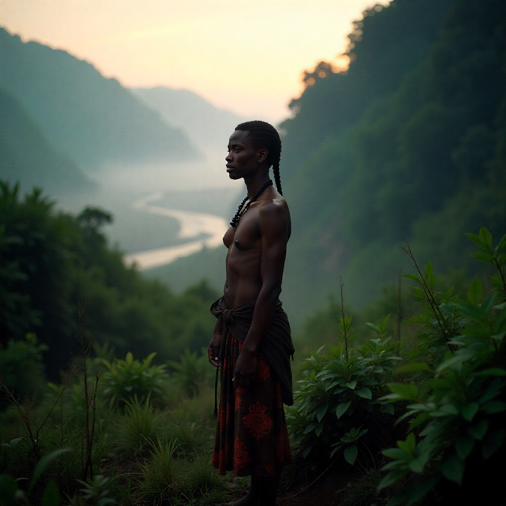 Mulonga, the first man of Kaonde tradition, standing at dawn in the Zambian highlands