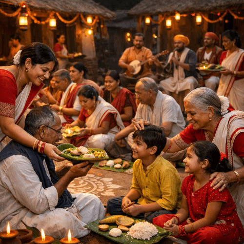 Nabanna celebration in rural Bengal, families and villagers gathered in a festive open courtyard