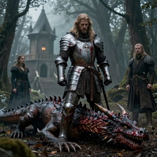 medieval scene inspired by the Nibelungenlied. Siegfried stands in dark forest light beside a slain dragon, his armor splashed with blood and ash.