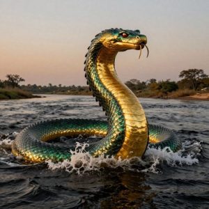 A colossal divine river god rising from the heart of the Zambezi at twilight, Nyami Nyami revealed in sacred fury and majesty.
