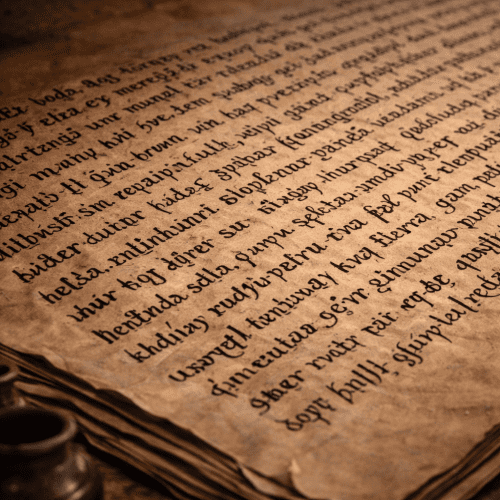 Icelandic scribe writing Old Norse on vellum by firelight