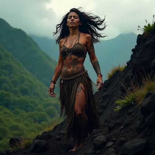 Papahānaumoku as a humanoid Earth Mother, depicted as a powerful Polynesian woman emerging from volcanic land