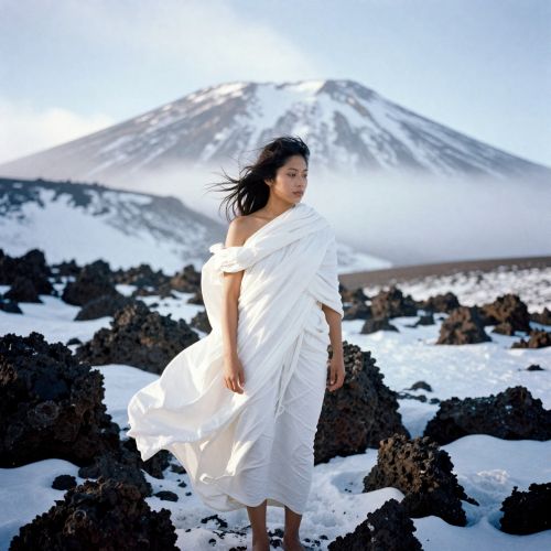 Poliahu, the Hawaiian snow goddess, standing atop Mauna Kea.