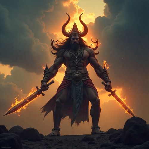 Ravana standing in golden Lanka at dusk, divine weapons glowing faintly,