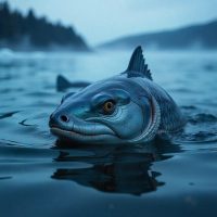 Mythlok - Ravgga Ravgga, the Sámi fish deity of prophecy, emerging from icy Arctic waters at twilight.