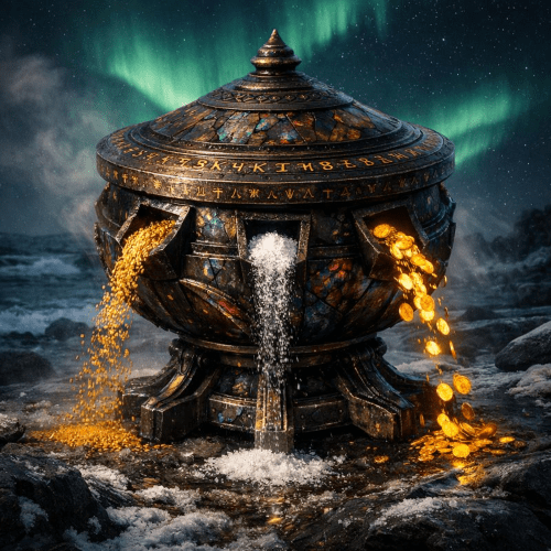 The Sampo appears as an ancient, many-coloured cosmic mill with a rotating, rune-etched lid, forged from dark meteoric metal and glowing mineral veins.