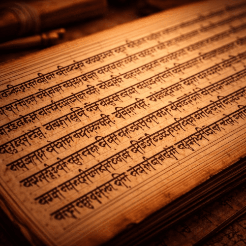 ancient Sanskrit written in Devanāgarī script on aged palm-leaf and birch-bark manuscripts