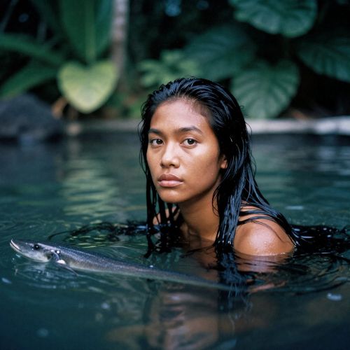 Sina from Samoan legend, standing beside a moonlit freshwater pool surrounded by lush tropical vegetation.