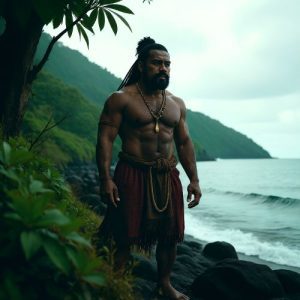 Tagaro from Melanesian tradition, portrayed as a calm yet powerful creator figure standing among lush volcanic islands of Vanuatu