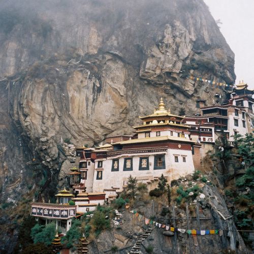 view of Taktsang Monastery clinging to a sheer Himalayan cliff, golden roofs glowing in soft mountain light,