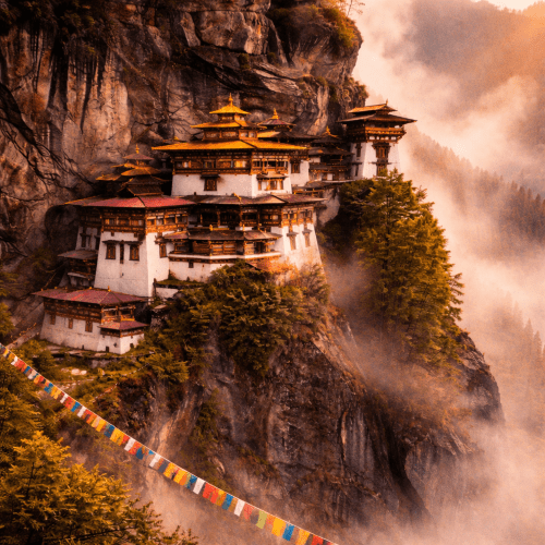 view of Taktsang Monastery clinging to a sheer Himalayan cliff, golden roofs glowing in soft mountain light,