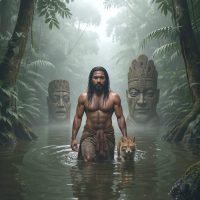 Mythlok - Tumun Tumun from Asmat tradition, standing knee-deep in a mist-covered Papuan river