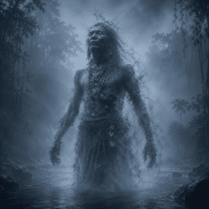 Tumun from Asmat tradition, standing knee-deep in a mist-covered Papuan river