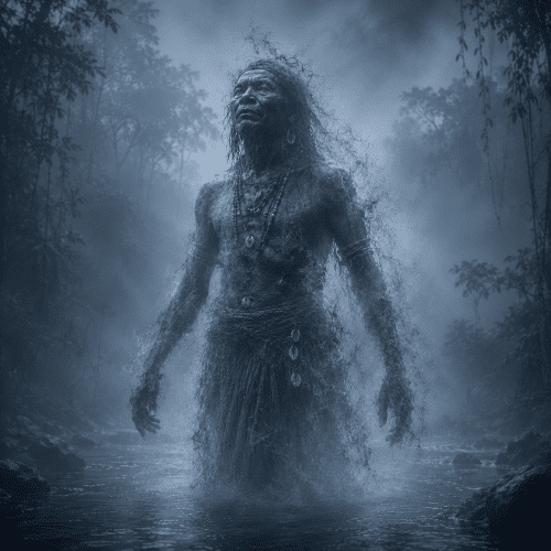 Tumun from Asmat tradition, standing knee-deep in a mist-covered Papuan river