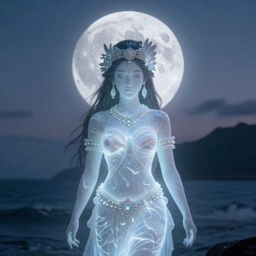 Uli, the Hawaiian goddess of sorcery and serenity, shown as a luminous feminine presence formed from moonlight and mist