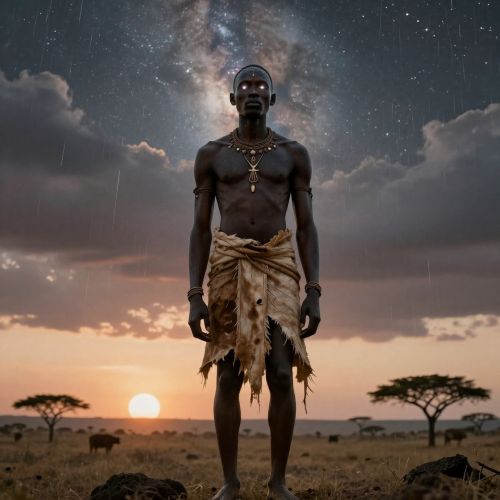Umkulomqango, masculine but ageless, standing above a vast Southern African landscape at dawn