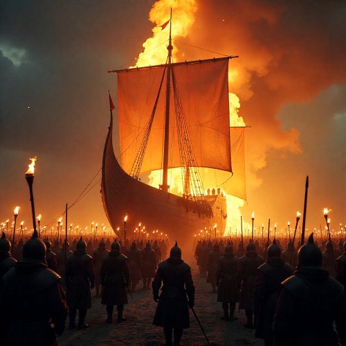 night scene of the Up Helly Aa fire festival in Lerwick, Shetland.