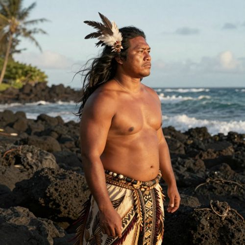 Wahieloa, an ancient Hawaiian warrior chief standing on a volcanic shoreline at dawn