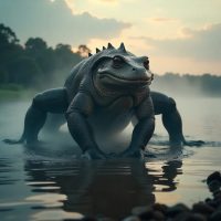 Mythlok - Wahwee Wahwee, a colossal reptilian river monster with a frog-like head and six powerful legs