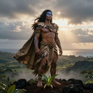 Wakea, the Hawaiian Sky Father, depicted as a tall, regal humanoid figure