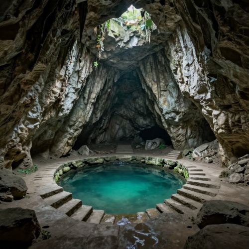 Xibalba, the Maya underworld, set inside a vast limestone cavern illuminated by faint turquoise cenote light.